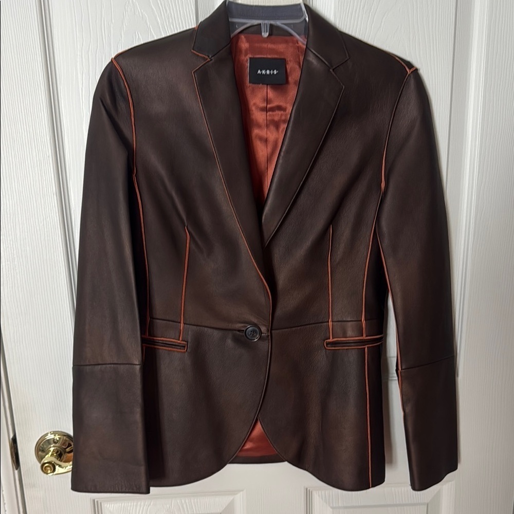 Akris Brown and bronze lamb skin Leather Blazer LIKE NEW sz 6